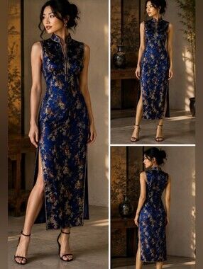 Asian inspired royal blue dress with gold detail split up the sides